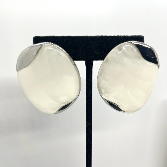 ABSTRACT MODERNIST LARGE Silver Tone Earrings Abstract Statement Pierced - Picture 3 of 12